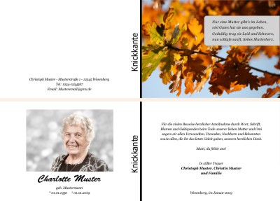 Herbst, Herbstlaub, Herbstblätter. Persönliche Trauerdankeskarten nach Trauerfall, Beerdigung und Todesfall