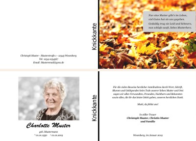 Herbst, Herbstlaub, Herbstblätter. Persönliche Trauerdankeskarten nach Trauerfall, Beerdigung und Todesfall